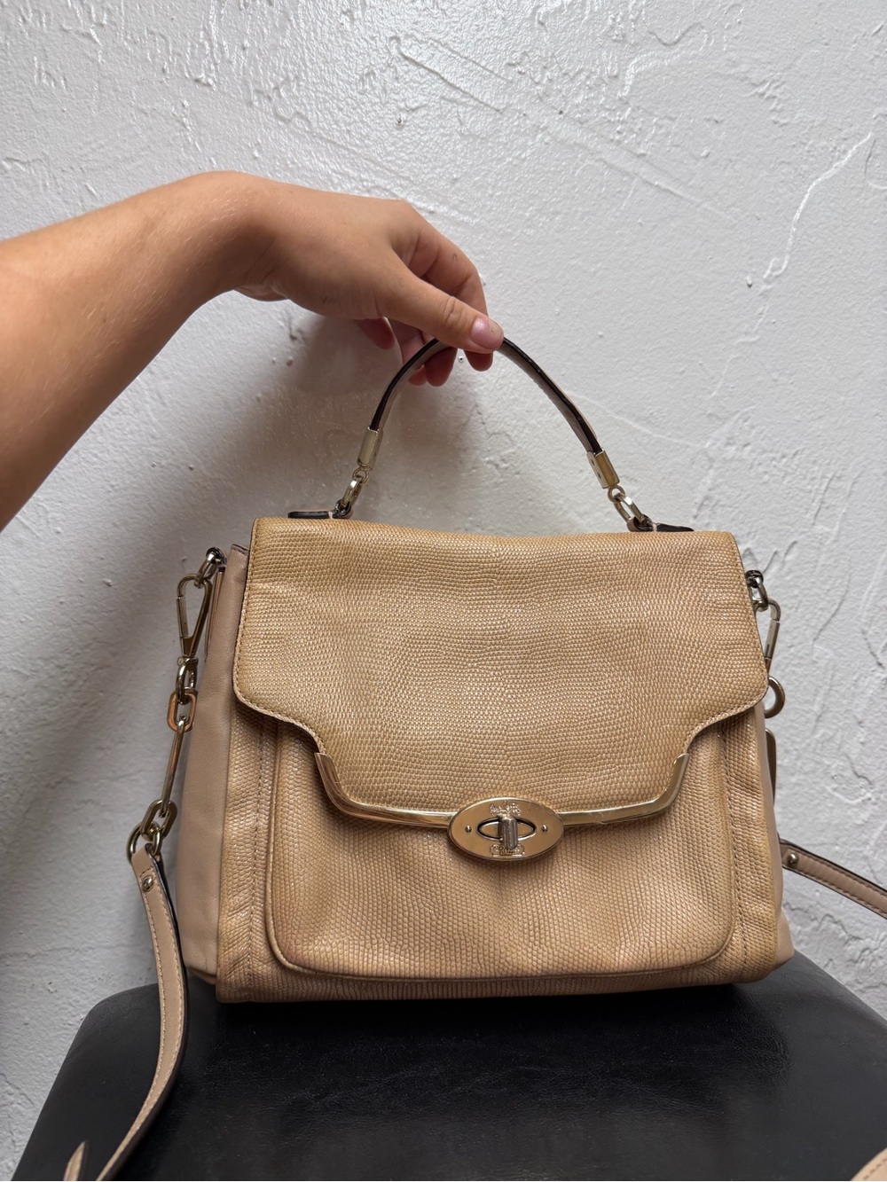 Beige Lizard-embossed Leather Coach Madison Sadie Flap Satchel - Picture 15 of 16
